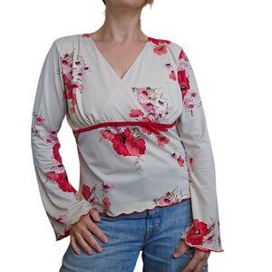 Y2K Womens XL Babydoll Cream Floral Blouse Empire Waist Flare Sleeve‎ Boho Pink